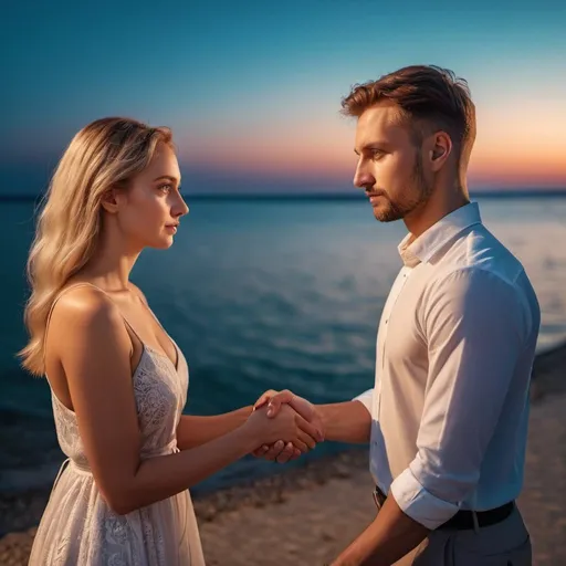Prompt: Lithuanian male says sorry to hungarian female. seaside, night, handshake. Symmetrical eyes. Symmetrical faces. Lovely details. Photorealistic. Full-colored photo. Professional photo. Highly detailed 8K.