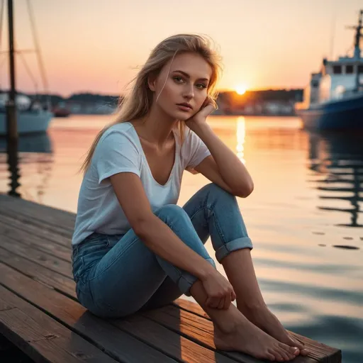Prompt: 20 yo lithuanian woman, sitting at docks, feet dangling at water,sunset, Lovely details. Photorealistic. Full-colored photo. Professional photo. Highly detailed 8K.