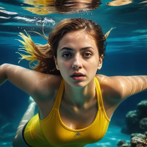 Prompt: image of 24yo romanian girl swimming downwards underwater,  deep underwater, ocean, holding breath,desperate look on her face, yellow tank top. Photorealistic. Full-colored photo. Professional photo. Highly detailed 8K. 