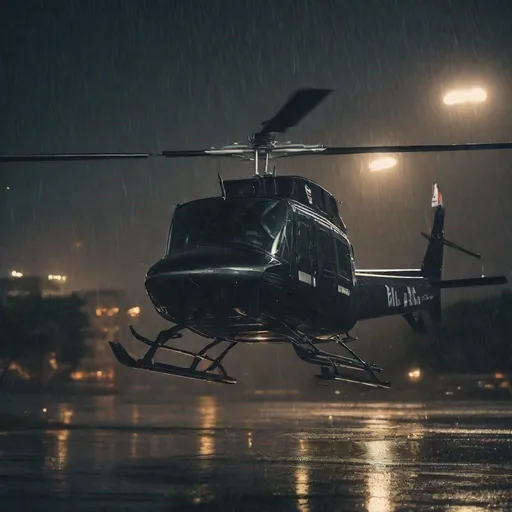 Prompt: Bell 206 taking off in the rain, night, city, thunderstorm, lightning in the background, cinematic shot, photorealistic, 4k, intense raindrops, atmospheric, bright lights, intense photo, dark, slightly bended, photorealistic, cinematic shot, atmospheric, bright lights, intense photo, intense raindrops, intense raindrops, night scene, cinematic shot, 4k, photorealistic, atmospheric, intense photo, intense raindrops, bright lights, dark