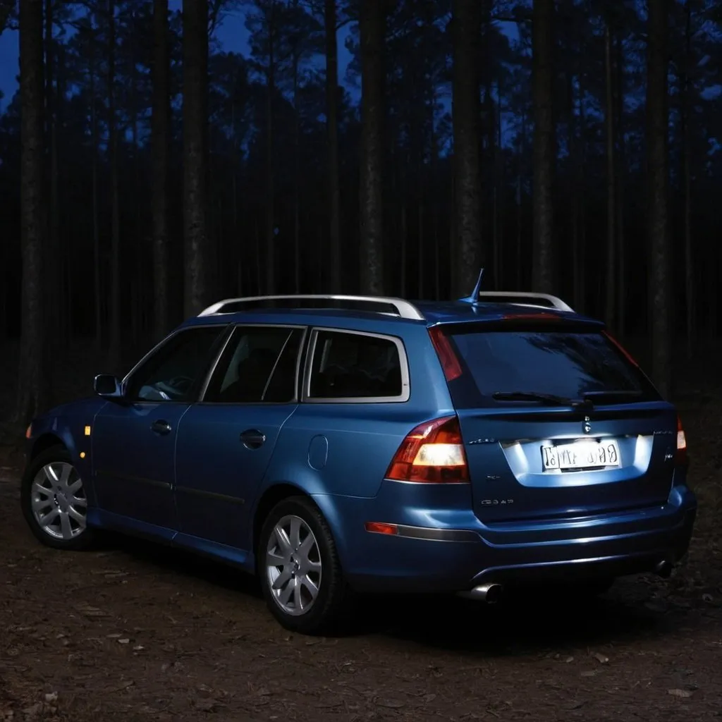 Prompt: blue 2007 saab 9-5 wagon, parked in a wooded area, dark forest, very dark night, the headlights are on, camera angle from the back of the car