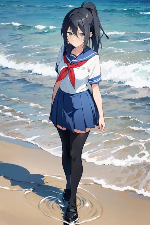 Prompt: ayano aishi, black hair, grey eyes, ponytail, school uniform, uniform thighhigh, black shoes, beach setting , standing on ankle deep water, looking at viewer, heartbroken expression on her face, blue skies