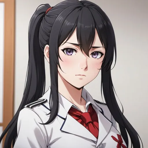 Prompt: Ayano Aishi from Yandere Simulator, pale skin, dark grey eyes, and straight, long black hair that is tied in a high ponytail, two long sideburns in the front that go past her shoulders, small tufts on both sides of her hair, 165 cm in height, 43 kg in weight, white seifuku uniform, very detailed, fullbody anime screencap, cartoon, 2d art, romance novel cover, anime art style, castlevania anime, beserk anime