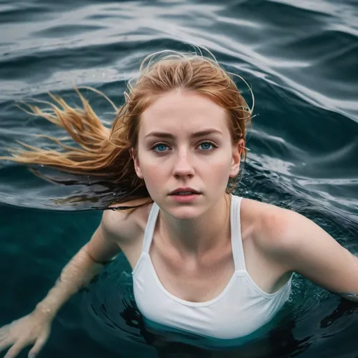 Prompt: portrait from above of 24yo icelandic girl, treading water in the middle of the sea, trying to stay afloat, half submerged, anxious look on her face, white tank top. Photorealistic. Full-colored photo. Professional photo. Highly detailed 8K.