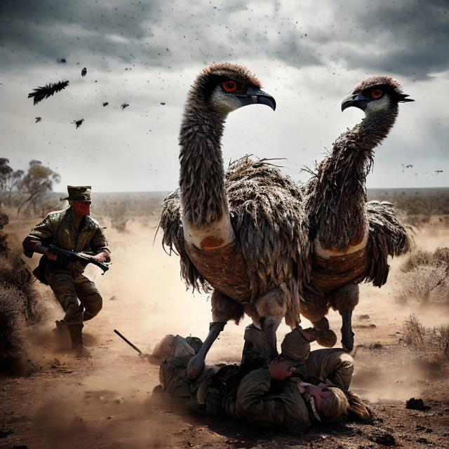 Prompt: Emu vs Soldiers in realistic dramatic style, Australian landscape, dusty battlefield, chaotic clash, detailed feathers, intense facial expressions, historical, warzone, realistic, dramatic, dusty tones, intense lighting, high quality, detailed realism, chaotic action, military uniforms, wildlife conflict, intense emotions, battle scene