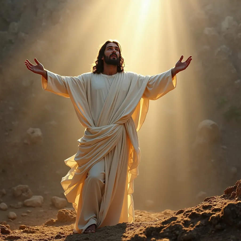 Prompt: Jesus christ resurrection, standing in front of his grave, wearing white in full, depicting the bible story, graceful, realistic image, wide angle with surrounding.