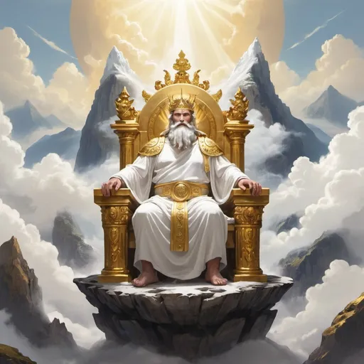 Prompt: God in a white toga on a golden throne in Cloud Mountains 