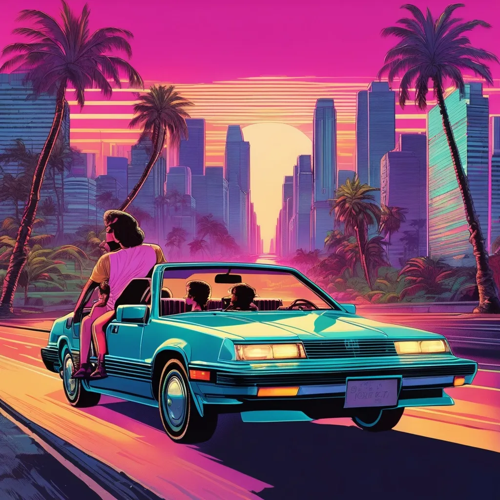 Prompt: retro 80s art, a family of 4 in a car, down a highway with palm trees on the side of the road, retro art, synthwave, city view in the background, highly detailed