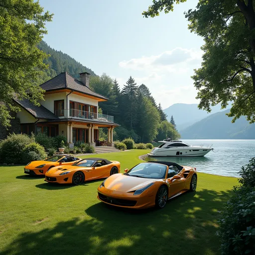 Prompt: 2 story house with Lakeview and 3 sports car on the lawn. Yacht on the lake view in a secluded Italian area