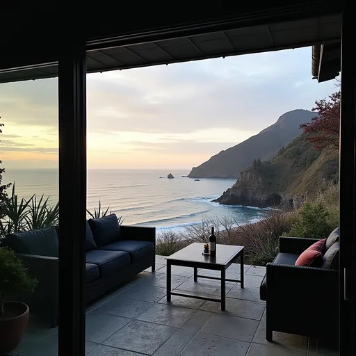 Prompt: Patio looking out on a seaview from a cliff side with dark theme and black furniture and wine bottle 
