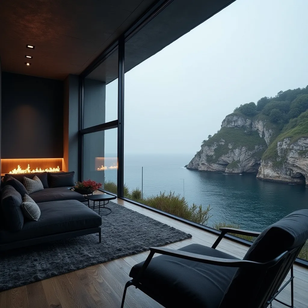 Prompt: House secluded looking out on a seaview from a cliff side with dark theme and black furniture 