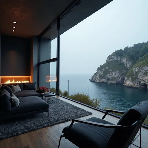 Prompt: House secluded looking out on a seaview from a cliff side with dark theme and black furniture 