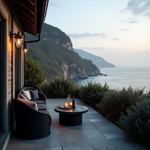 Prompt: Patio looking out on a seaview from a cliff side with dark theme and black furniture and wine bottle 