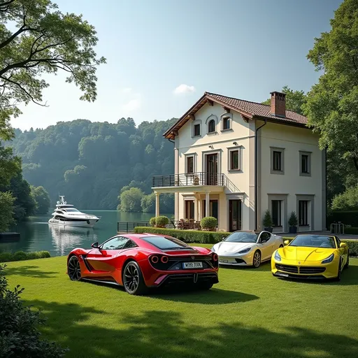 Prompt: 2 story house with Lakeview and 3 sports car on the lawn. Yacht on the lake view in a secluded Italian area