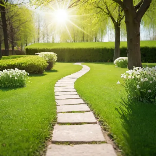 Prompt: short pathway of lawn, spring atmosphere, sunshine
