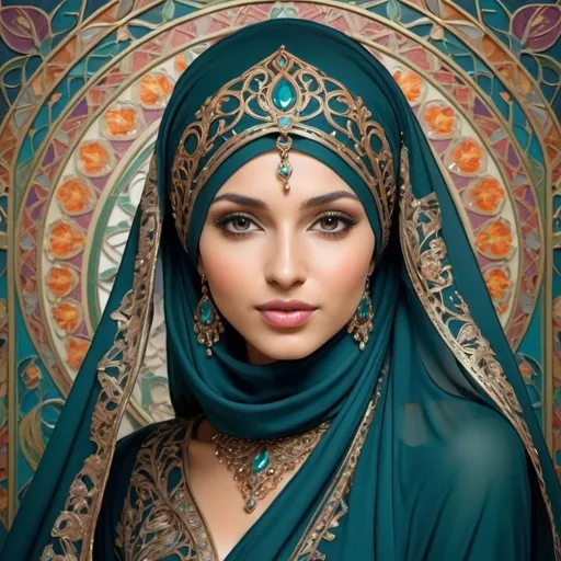 Prompt: Beautiful Muslim woman with veil, art nouveau style, intricate decorative elements, vibrant and rich colors, detailed floral patterns, elegant and graceful posture, high quality, luxurious, art nouveau, detailed veil, mature beauty, professional lighting