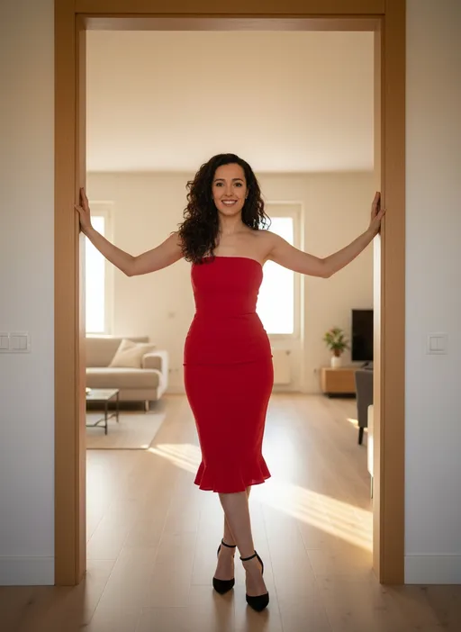 Prompt: Use the subject in the uploaded photo exactly as they appear. Do not alter or change any facial features.

The subject is 1.60m, around 58kg, with a fit, feminine, naturally curvy build — balanced and natural. Their skin tone is warm-toned.
Maintain the subject’s natural proportions. Do not slim, elongate, or narrow the body.

Style her in a red strapless fitted midi dress with the subtle ruffle hem, and black ankle-strap heels. 

Pose: standing centered inside a doorway, arms raised and extended outward, each hand resting on the doorframe. Torso facing forward, one leg slightly in front of the other, creating an elegant elongated stance. Expression confident and poised.

Lighting & environment: soft natural indoor light, warm and airy apartment interior, with clean architectural lines and gentle shadows.