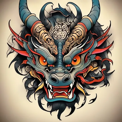 Prompt: Shoulder to elbow tattoo, ancient Chinese robot dragon design with fierce eyes