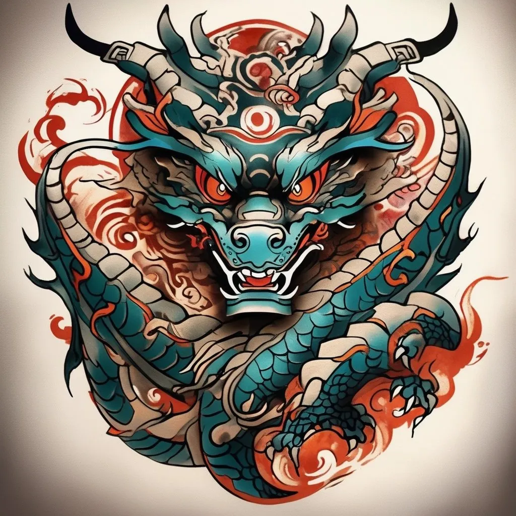 Prompt: Shoulder to elbow tattoo, ancient Chinese robot dragon design with fierce eyes