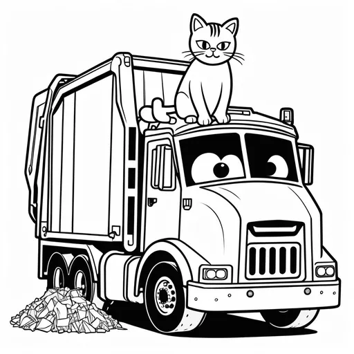 Prompt: B&W coloring book page,garbage truck cat, garbage truck,line art, solid white background