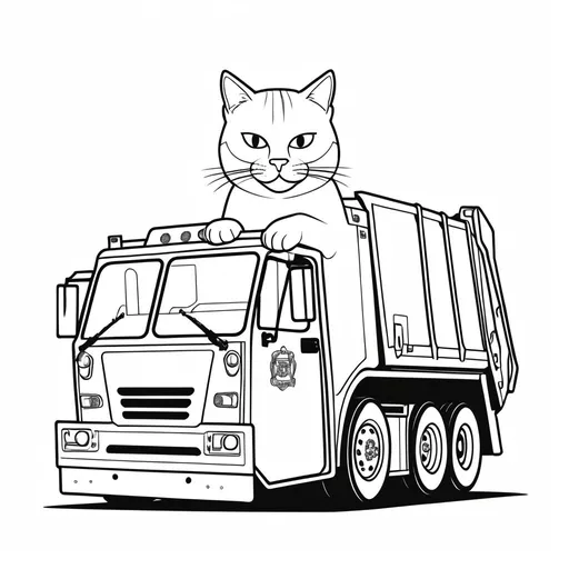 Prompt: B&W coloring book page,garbage truck cat, garbage truck,line art, solid white background