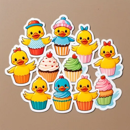 Prompt: die-cut sticker, cute cupcake characte rcreate 9 cute little ducks with their summer gear .