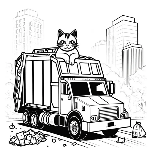 Prompt: B&W coloring book page,garbage truck cat, garbage truck,line art, solid white background