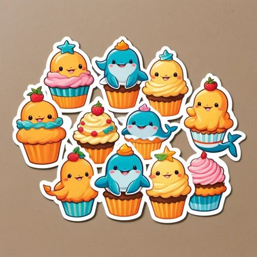 Prompt: die-cut sticker, cute cupcake characte rcreate 9 cute little dolphins with their summer gear . seperate them by a space or border. makesureeach one is cute.