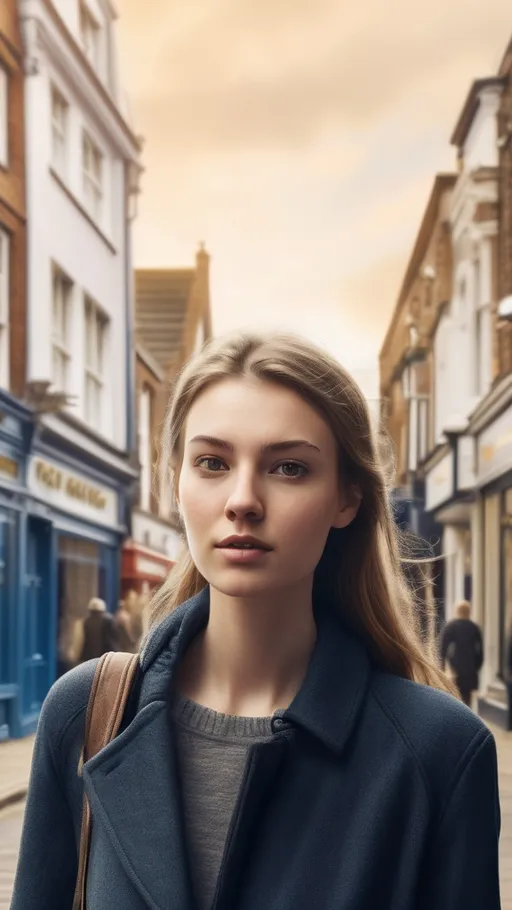 Prompt: Tall young woman walking down the high street, detailed clothing, realistic, natural lighting