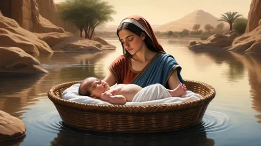 Prompt: Baby Moses floating in a basket, swaddled peacefully, Nile river scene, king's daughter bathing, handmaids pouring water, serene river, ancient biblical scene, realistic oil painting, detailed textures, high quality, peaceful atmosphere, serene lighting, historical art, realistic water effects, traditional art style, tranquil, ancient Egypt, serene colors, peaceful ambiance