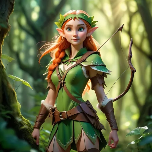 Prompt: (Elf ranger), standing poised with a bow in hand, surrounded by a (mystical forest), dappled sunlight streaming through lush, vibrant green leaves, ethereal ambiance creating a magical atmosphere, intricate details on outfit adorned with natural elements, soft, (whimsical lighting), enchanting backdrop of ancient trees and vibrant flora, mesmerising with a sense of adventure, (ultra-detailed), (HD).