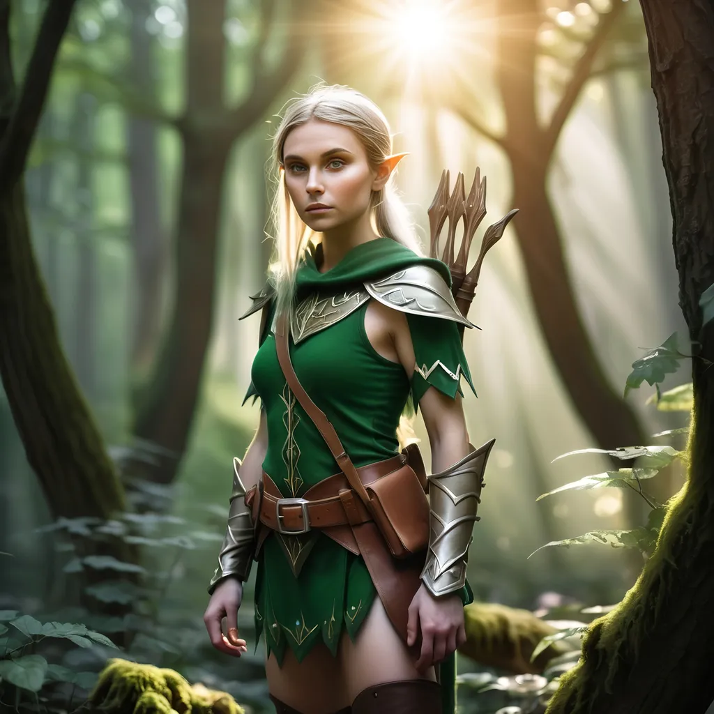 Prompt: Elf ranger in a mystical forest around sunlight