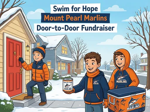 Prompt: Cartoon-style illustration for a swim team fundraiser. A friendly residential neighbourhood scene with houses and sidewalks. 3–4 smiling youth swimmers wearing orange and navy blue jackets or hoodies representing the Mount Pearl Marlins. One swimmer is knocking on a door while another holds a donation tin clearly labeled “Swim for Hope.” An orange and navy blue Marlins-style cooler is visible. Include marlin fish imagery inspired by the team logo (not an exact replica). Positive community feel, winter-friendly clothing, clean bright cartoon style suitable for email and social media. Include text on the image: “Swim for Hope”, “Mount Pearl Marlins”, and “Door-to-Door Fundraiser”. Square format.