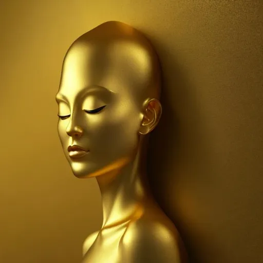 Prompt: A smooth golden wall similar to a sheet of paper, only the silhouette a slightly smiling woman face with eyes closed stands out, delicate lines, no frames, very elegant and graceful, perfect light. Only gold, dark fantasy, product, cinematic, poster, fashion, conceptual art, 3d renderv0.2
