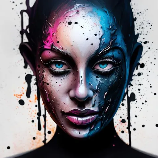 Prompt: Wet oil ink poured on a woman's Mask, spots of ink visible, digital painting, an ink splatter, messy ink, vibrant, photo, 3d render, poster, fashion 4k, 3d render, photo