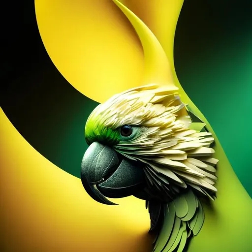 Prompt: A mesmerizing macro view of a cockatoo head is emerging from flowing abstract shapes in yellow, green, and black, merging and diverging like mirages in a desert. Drawing inspiration from the Art Deco movement, sleek lines and elegant curves, dramatic lighting casting shadows, creating a sense of mystery and sophistication, product, 3d render, fashion, conceptual art