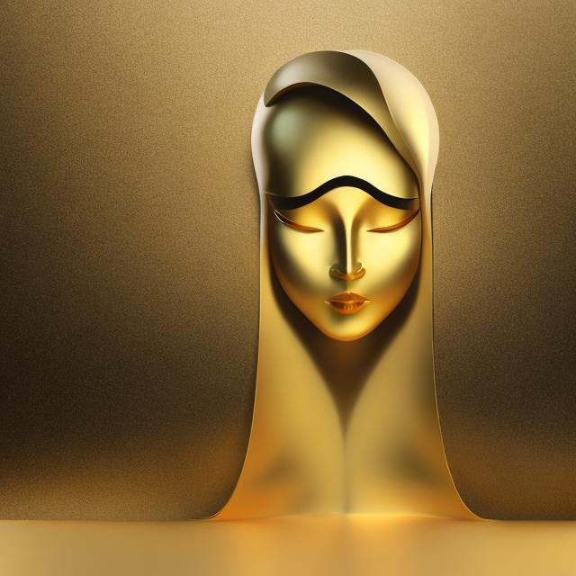 Prompt: A smooth golden wall similar to a sheet of paper, only the silhouette a slightly smiling woman face with eyes closed stands out, delicate lines, no frames, very elegant and graceful, perfect light. Only gold, dark fantasy, product, cinematic, poster, fashion, conceptual art, 3d renderv0.2