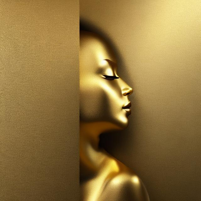 Prompt: A smooth golden wall similar to a sheet of paper, only the silhouette a slightly smiling woman face with eyes closed stands out, delicate lines, no frames, very elegant and graceful, perfect light. Only gold, dark fantasy, product, cinematic, poster, fashion, conceptual art, 3d renderv0.2