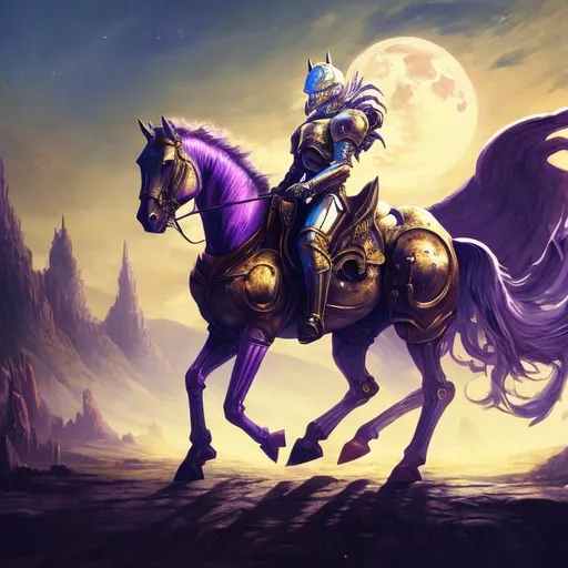 Prompt: Full-body detailed masterpiece, fantasy, high-res, quality upscaled image, perfect composition, robot horse , 18k composition, 16k, 2D image, cell shaded, blue moonlight background, black and purple armor,