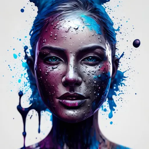 Prompt: Wet oil ink poured on a woman's Mask, spots of ink visible, digital painting, an ink splatter, messy ink, vibrant, photo, 3d render, poster, fashion 4k, 3d render, photo