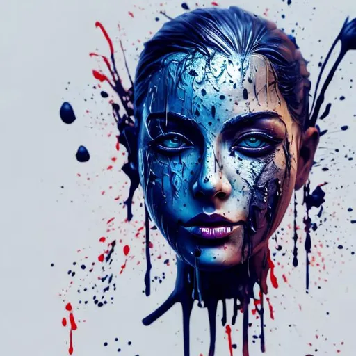Prompt: Wet  ink poured on a woman's Mask, spots of ink visible, digital painting, an ink splatter, messy ink, vibrant, photo, 3d render, poster, fashion 4k, 3d render, photo
