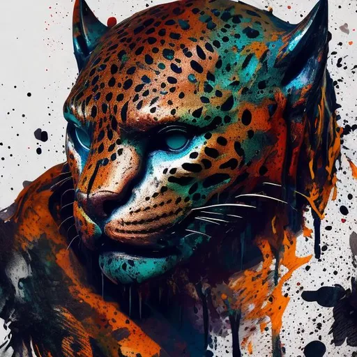 Prompt: Wet oil ink poured on a Jaguar's Mask, spots of ink visible, digital painting, an ink splatter, messy ink, vibrant, photo, 3d render, poster, fashion 4k, 3d render, photo
