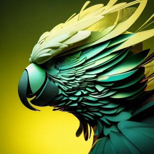 Prompt: A mesmerizing macro view of a cockatoo head is emerging from flowing abstract shapes in yellow, green, and black, merging and diverging like mirages in a desert. Drawing inspiration from the Art Deco movement, sleek lines and elegant curves, dramatic lighting casting shadows, creating a sense of mystery and sophistication, product, 3d render, fashion, conceptual art