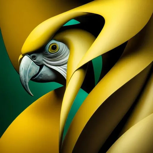 Prompt: A mesmerizing macro view of a cockatoo head is emerging from flowing abstract shapes in yellow, green, and black, merging and diverging like mirages in a desert. Drawing inspiration from the Art Deco movement, sleek lines and elegant curves, dramatic lighting casting shadows, creating a sense of mystery and sophistication, product, 3d render, fashion, conceptual art