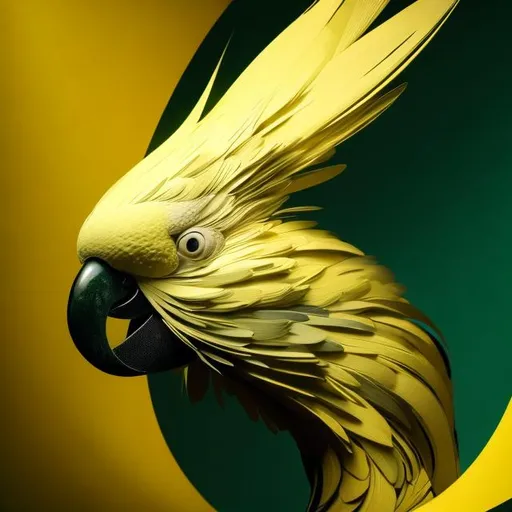 Prompt: A mesmerizing macro view of a cockatoo head is emerging from flowing abstract shapes in yellow, green, and black, merging and diverging like mirages in a desert. Drawing inspiration from the Art Deco movement, sleek lines and elegant curves, dramatic lighting casting shadows, creating a sense of mystery and sophistication, product, 3d render, fashion, conceptual art