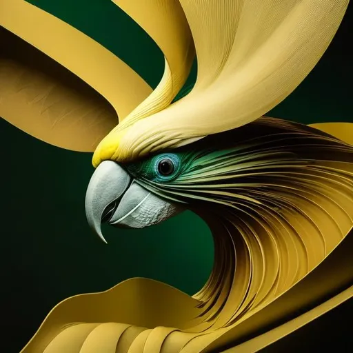 Prompt: A mesmerizing macro view of a cockatoo head is emerging from flowing abstract shapes in yellow, green, and black, merging and diverging like mirages in a desert. Drawing inspiration from the Art Deco movement, sleek lines and elegant curves, dramatic lighting casting shadows, creating a sense of mystery and sophistication, product, 3d render, fashion, conceptual art