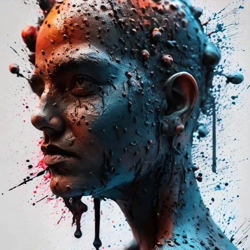 Prompt: Wet oil ink poured on a war 's, spots of ink visible, digital painting, an ink splatter, messy ink, vibrant, photo, 3d render, poster, fashion 4k, 3d render, photo