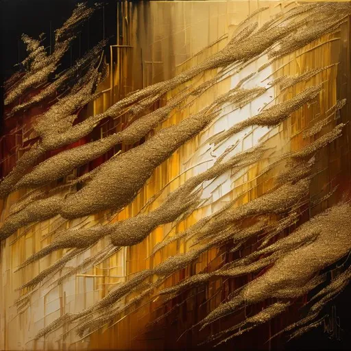 Prompt: "Symphony of Gold: The Melody of Artistic Value" is an exceptional painting that seamlessly blends realism and abstraction. The artwork portrays a shimmering golden canvas amidst the backdrop of a sunset sky, where warm hues meet the radiant glow of gold. The painting is distinguished by intricate details, including tiny points representing each gradient, adding depth and life to the piece. The artist demonstrates mastery in capturing light and shadow, creating a striking effect that captivates the viewer and evokes emotions. Unfortunately, I don't have information about the artist behind this painting due to my limited knowledge. You may try to search for additional details about the artwork or consult art sources to identify the artist. oil 