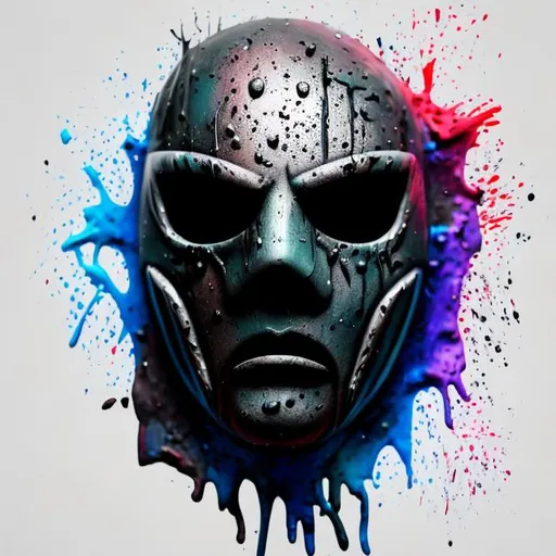 Prompt: Wet ink poured on mask's Mask, spots of ink visible, digital painting, an ink splatter, messy ink, vibrant, photo, 3d render, poster, fashion 4k, 3d render, photo