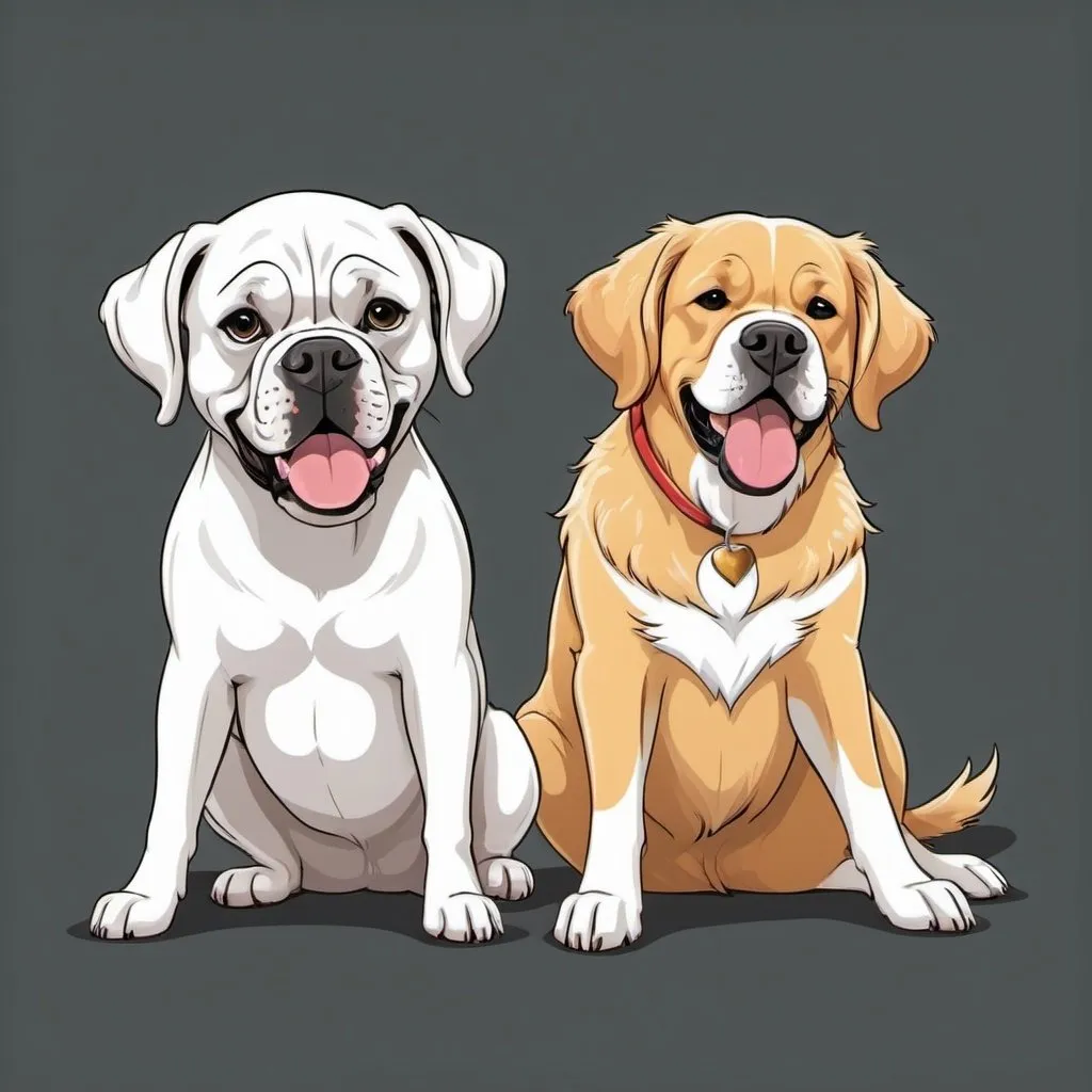 Prompt: Please create a picture of a white boxer dog and golden retriever dog enjoying together cartoon style. Make happy image